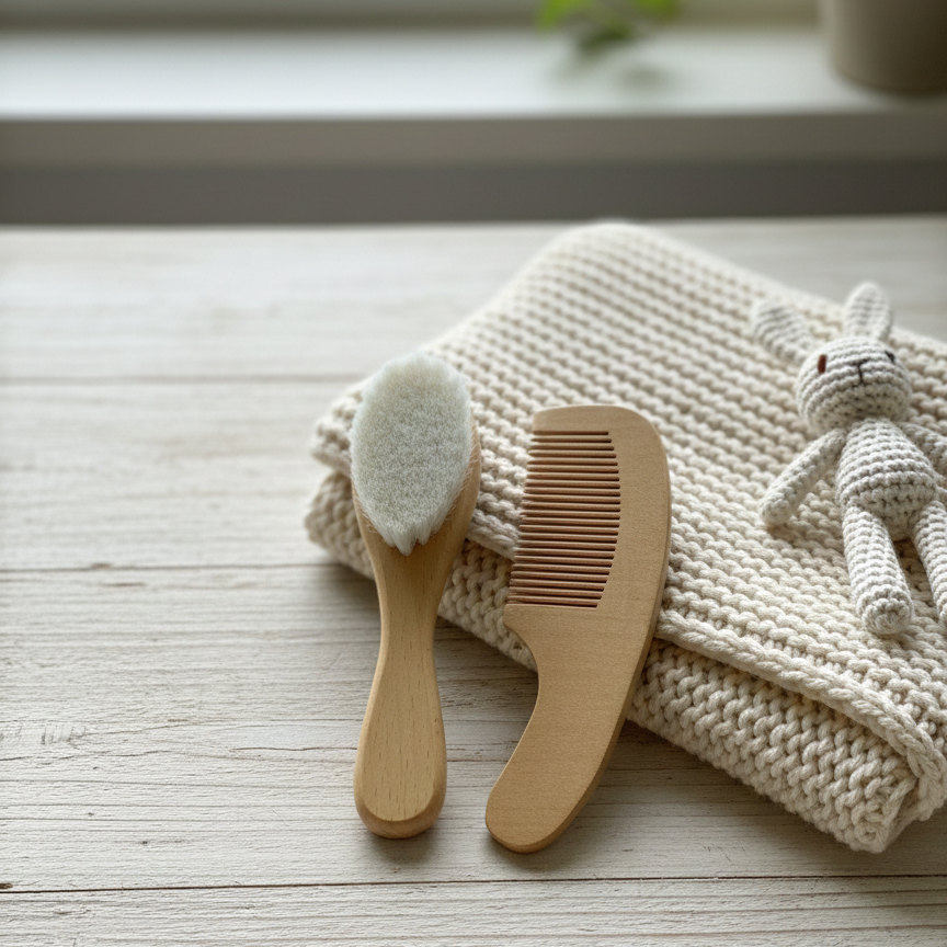 Wooden hair brush & comb set